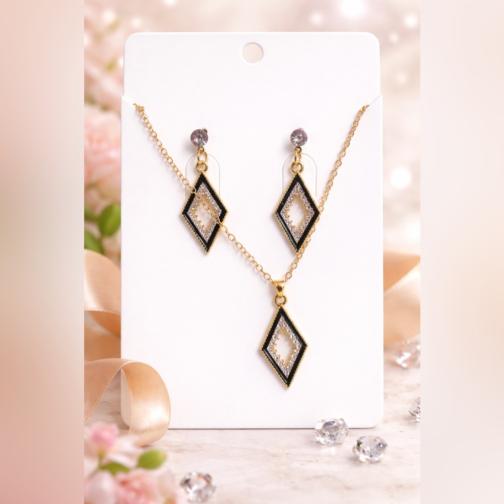Gold and Black Diamond-Shaped Pendant Necklace & Earring Set